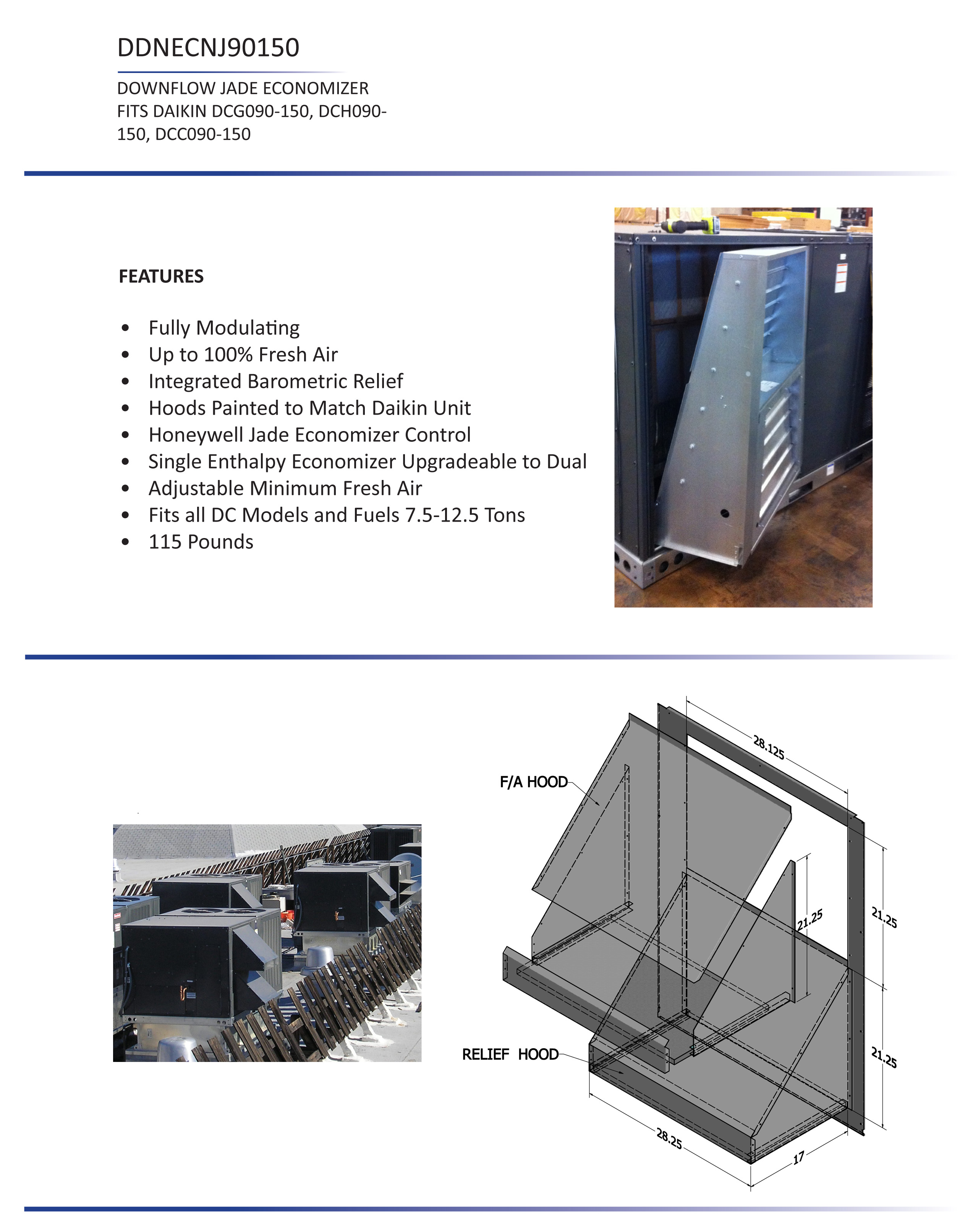 7.5 - 12.5 Ton Daikin Downflow Economizer DCC, DCG, DCH Models  DDNECNJ90150